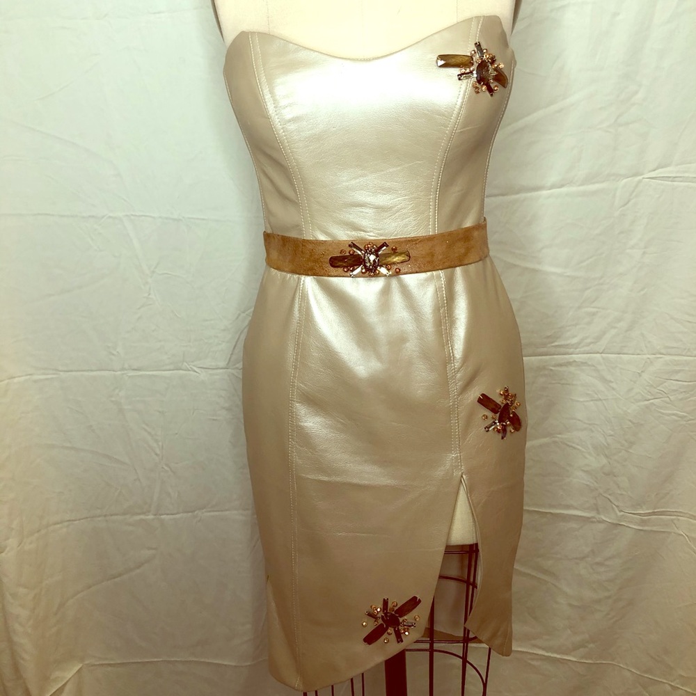 Cocktail party dress tan genuine lamb skin leather